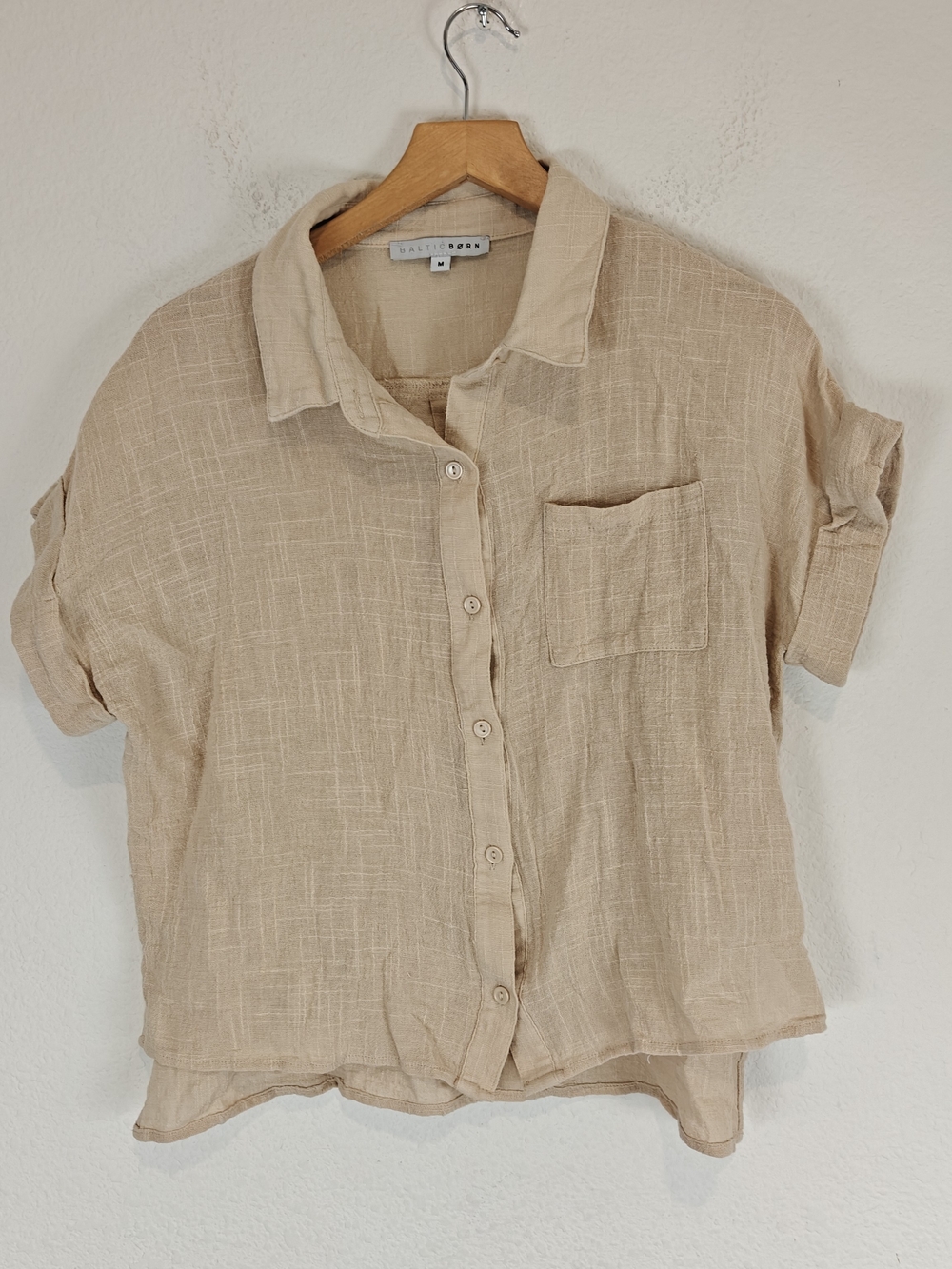 Baltic Born Hammond Cotton Slub Top Natural Beige Button Up Boxy Short Sleeve M